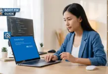 วิธีแก้ปัญหา Windows 11 boot fix จบทุกอาการคอมเปิดไม่ติด บูตวนลูป ภาพหญิงสาวสวมเสื้อสูทสีฟ้ากำลังนั่งมองหน้าจอแล็ปท็อปที่แสดงหน้าต่าง Automatic Repair สีฟ้าของระบบปฏิบัติการ Windows 11 บนโต๊ะทำงานไม้บรรยากาศอบอุ่น มุมซ้ายบนของภาพมีกราฟิกไอคอนฟันเฟืองและประแจพร้อมป้ายข้อความ BOOT FIX GUIDE เพื่อสื่อถึงขั้นตอนการแก้ไขปัญหาคอมพิวเตอร์เปิดไม่ติดหรือบูตระบบไม่ขึ้นตามเนื้อหาของบทความ