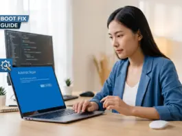 วิธีแก้ปัญหา Windows 11 boot fix จบทุกอาการคอมเปิดไม่ติด บูตวนลูป ภาพหญิงสาวสวมเสื้อสูทสีฟ้ากำลังนั่งมองหน้าจอแล็ปท็อปที่แสดงหน้าต่าง Automatic Repair สีฟ้าของระบบปฏิบัติการ Windows 11 บนโต๊ะทำงานไม้บรรยากาศอบอุ่น มุมซ้ายบนของภาพมีกราฟิกไอคอนฟันเฟืองและประแจพร้อมป้ายข้อความ BOOT FIX GUIDE เพื่อสื่อถึงขั้นตอนการแก้ไขปัญหาคอมพิวเตอร์เปิดไม่ติดหรือบูตระบบไม่ขึ้นตามเนื้อหาของบทความ