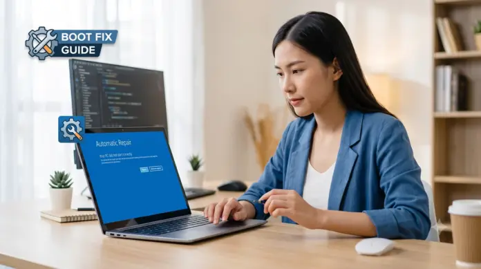 ภาพประกอบข่าววิธีแก้ Windows 11 Boot Fix คอมเปิดไม่ติดล่าสุดในปีนี้ ภาพหญิงสาวสวมเสื้อสูทสีฟ้ากำลังนั่งมองหน้าจอแล็ปท็อปที่แสดงหน้าต่าง Automatic Repair สีฟ้าของระบบปฏิบัติการ Windows 11 บนโต๊ะทำงานไม้บรรยากาศอบอุ่น มุมซ้ายบนของภาพมีกราฟิกไอคอนฟันเฟืองและประแจพร้อมป้ายข้อความ BOOT FIX GUIDE เพื่อสื่อถึงขั้นตอนการแก้ไขปัญหาคอมพิวเตอร์เปิดไม่ติดหรือบูตระบบไม่ขึ้นตามเนื้อหาของบทความ