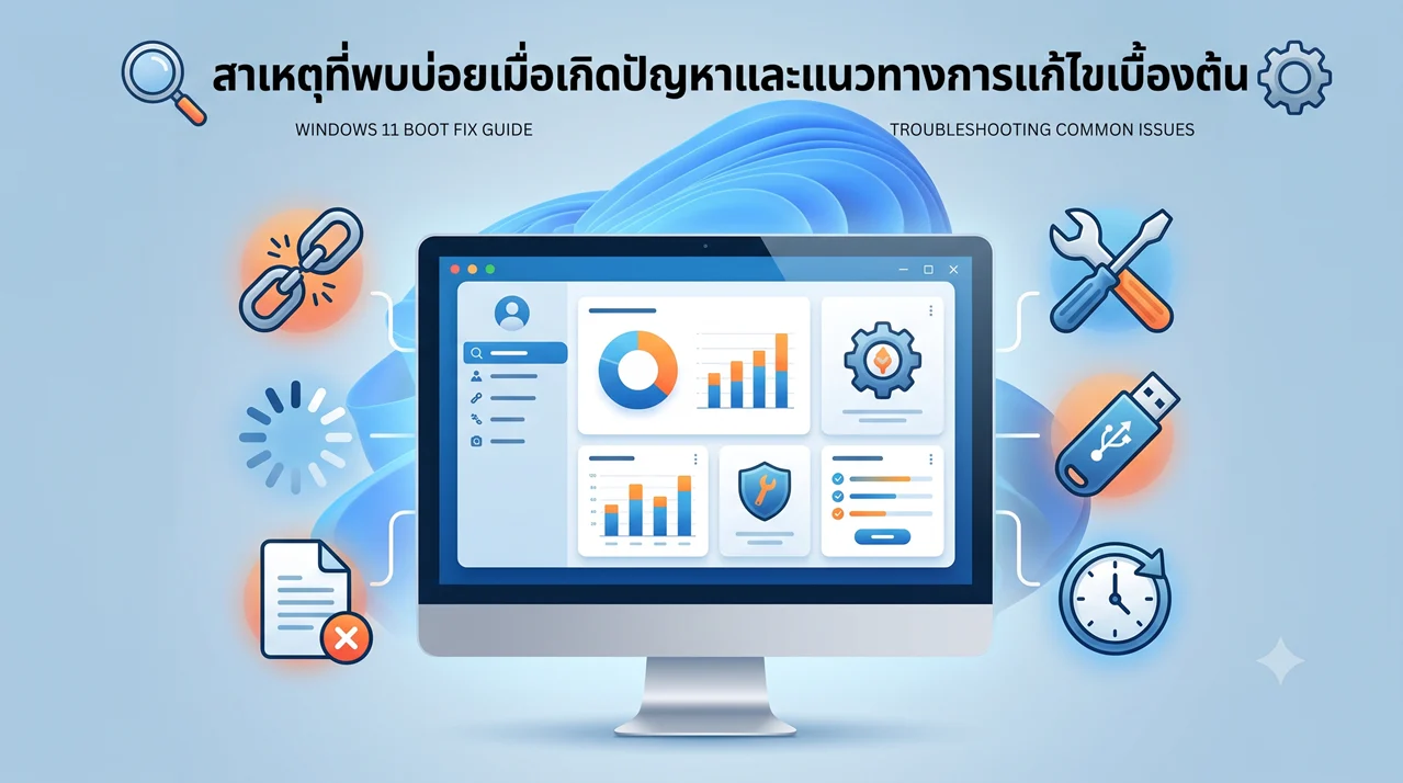 ภาพกราฟิกหน้าจอคอมพิวเตอร์แสดงแดชบอร์ด รายล้อมด้วยไอคอนเครื่องมือแก้ปัญหา Windows 11 Boot Fix เช่น ประแจไขควง แฟลชไดรฟ์ USB นาฬิกาย้อนเวลา และไฟล์แจ้งเตือนข้อผิดพลาด บนพื้นหลังริบบิ้นสีฟ้า พร้อมข้อความสาเหตุที่พบบ่อยและแนวทางการแก้ไขเบื้องต้น สื่อถึงการวิเคราะห์และซ่อมแซมระบบปฏิบัติการ