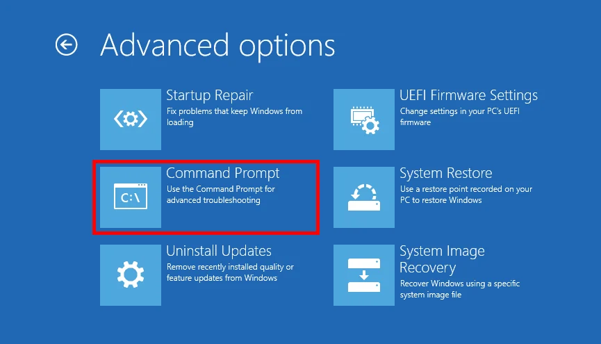 ภาพหน้าจอ (screenshot) ของเมนู Advanced options ใน Windows 11 บนพื้นหลังสีฟ้า ที่มุมบนมีข้อความ 'Advanced options' มีไอคอนสี่เหลี่ยมสีฟ้า 6 รายการจัดเรียงเป็นสองคอลัมน์ โดยไอคอนตรงกลางด้านซ้ายที่มีชื่อว่า 'Command Prompt' และสัญลักษณ์ cmd ถูกล้อมรอบด้วยกรอบสีแดง ตัวเลือกอื่น ได้แก่ Startup Repair, Uninstall Updates, UEFI Firmware Settings, System Restore, และ System Image Recovery