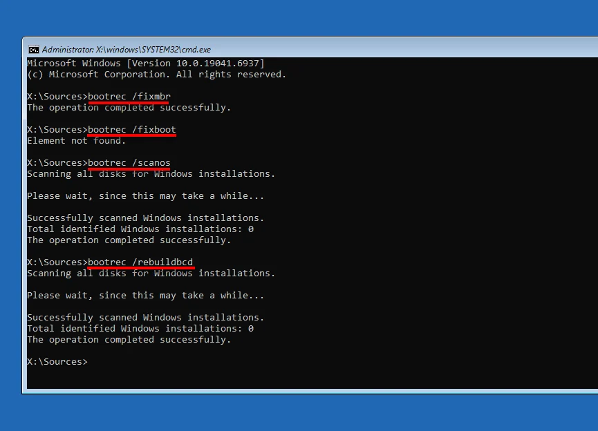 ภาพหน้าจอของหน้าต่าง Command Prompt ที่รันคำสั่ง bootrec เพื่อซ่อมบูต Windows 11. แสดงคำสั่ง bootrec /fixboot พร้อมข้อผิดพลาด 'Element not found.', และผลลัพธ์ของคำสั่ง bootrec /scanos กับ bootrec /rebuildbcd ที่สแกนดิสก์แต่พบการติดตั้ง Windows ทั้งหมด 0 รายการ ซึ่งเป็นการสาธิตขั้นตอนการกู้คืนระบบที่ยังไม่สำเร็จอย่างสมบูรณ์