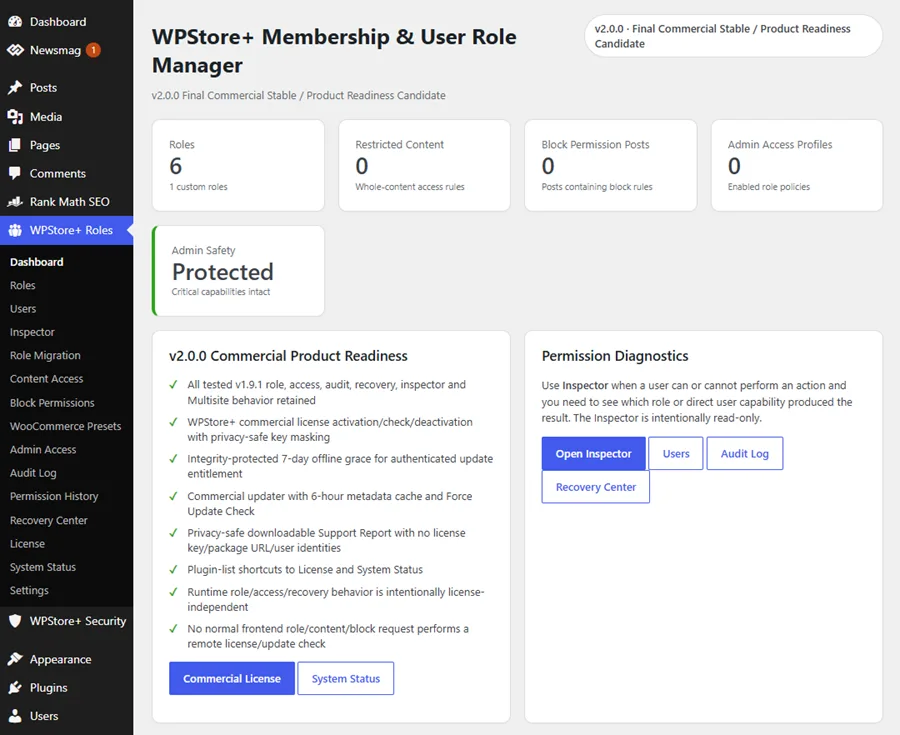 แดชบอร์ดของ WPStore+ สำหรับจัดการสมาชิกและบทบาทผู้ใช้งาน ซึ่งแสดงข้อมูลบทบาทใน WordPress, รายชื่อผู้ใช้, สถานะสิทธิ์การใช้งาน และข้อมูลด้านความปลอดภัย