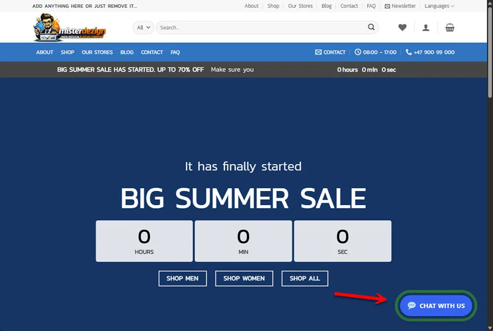 วิดเจ็ต Live Chat ของ WPStore+ Live Chat Desk บนหน้าเว็บไซต์เดสก์ท็อป