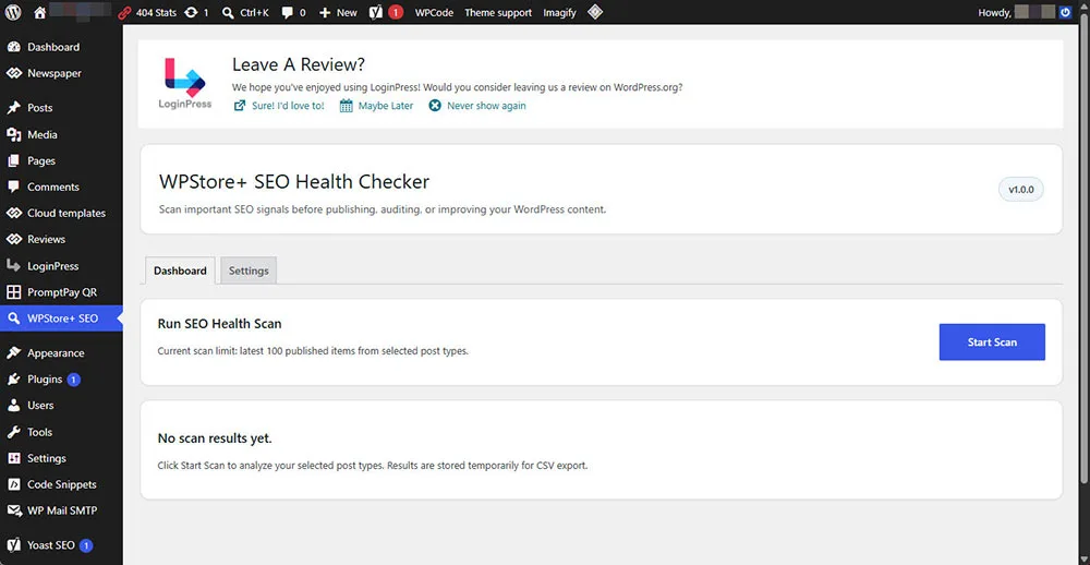 หน้าแดชบอร์ดของ WPStore+ SEO Health Checker ที่แสดงปุ่ม Start Scan โดยที่ยังไม่มีผลลัพธ์การสแกนปรากฏขึ้น