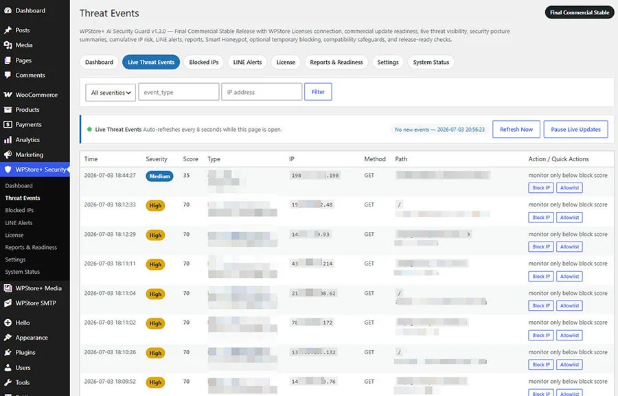 หน้ารายการ Threat Events และ Risk Score ของ WPStore+ AI Security Guard