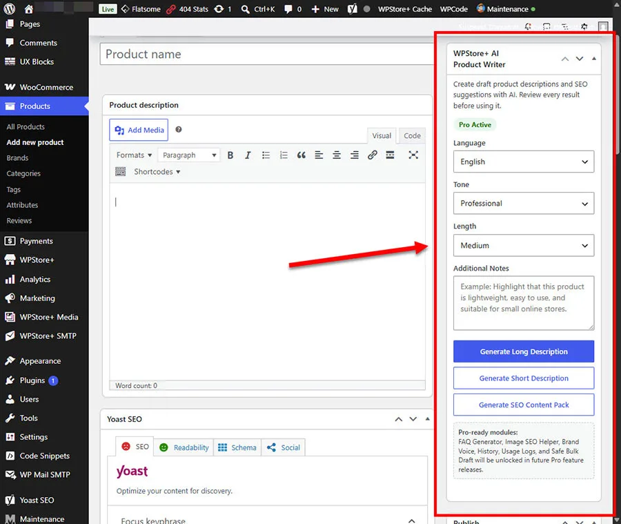 แผงเครื่องมือ AI สำหรับเขียนรายละเอียดสินค้าภายในหน้าแก้ไขสินค้าของ WooCommerce