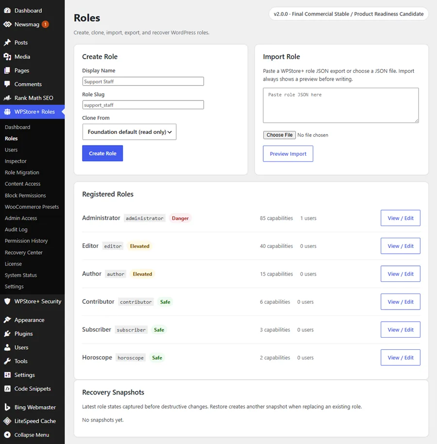 เครื่องมือจัดการบทบาท WordPress ที่แสดงบทบาทแบบกำหนดเอง บทบาทมาตรฐาน จำนวนสิทธิ์การใช้งาน และคำสั่งจัดการบทบาทต่างๆ