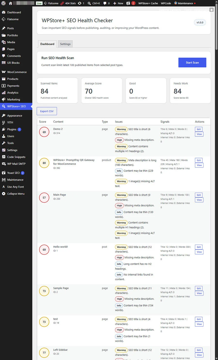 ตารางแสดงผลการสแกนจาก WPStore+ SEO Health Checker ที่มาพร้อมคะแนน SEO รายการปัญหา สัญญาณต่างๆ และปุ่มดำเนินการ
