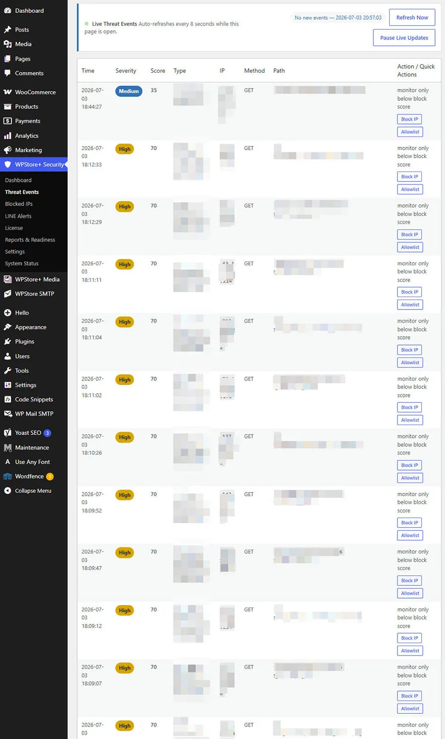 รายละเอียด Threat Event พร้อม IP User-Agent และ Request Path ใน WPStore+ AI Security Guard