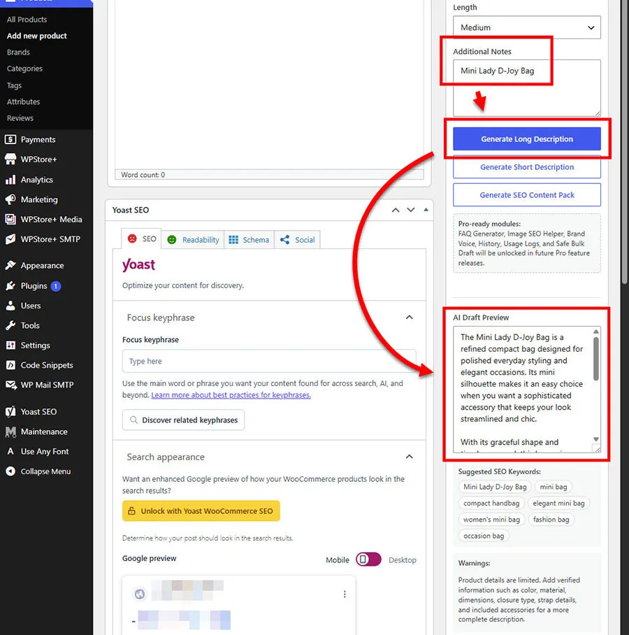 ตัวอย่างคำอธิบายสินค้าแบบละเอียดที่สร้างด้วย AI สำหรับ WooCommerce