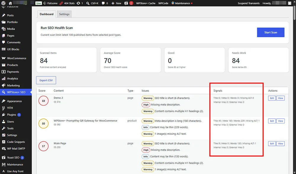 ส่วนแสดงปัญหาและสัญญาณด้าน SEO ซึ่งครอบคลุมข้อมูล Title, Meta Description, จำนวนคำ, การขาดข้อความ ALT และการตรวจสอบ Internal Link