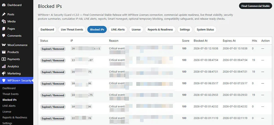 หน้าแสดงรายการ IP ที่ถูกบล็อก ซึ่งระบุข้อมูลการบล็อกชั่วคราว สาเหตุ เวลาสิ้นสุด และตัวเลือกสำหรับการยกเลิกการบล็อก