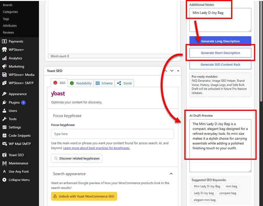 ตัวอย่างคำอธิบายสินค้าแบบสั้นที่สร้างโดย AI สำหรับ WooCommerce
