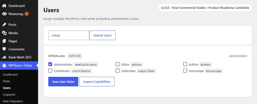 หน้าจอจัดการผู้ใช้ของ WordPress สำหรับกำหนดหลายบทบาทให้แก่ผู้ใช้หนึ่งคน พร้อมระบบควบคุมบทบาทและสิทธิ์การใช้งานที่ปลอดภัย