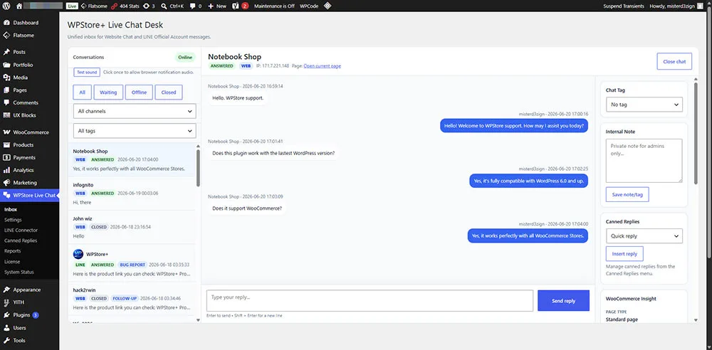 มุมมองการสนทนาบน WPStore+ Live Chat Desk สำหรับผู้ดูแลระบบ พร้อมด้วยข้อความจากลูกค้าและเครื่องมือช่วยตอบกลับ