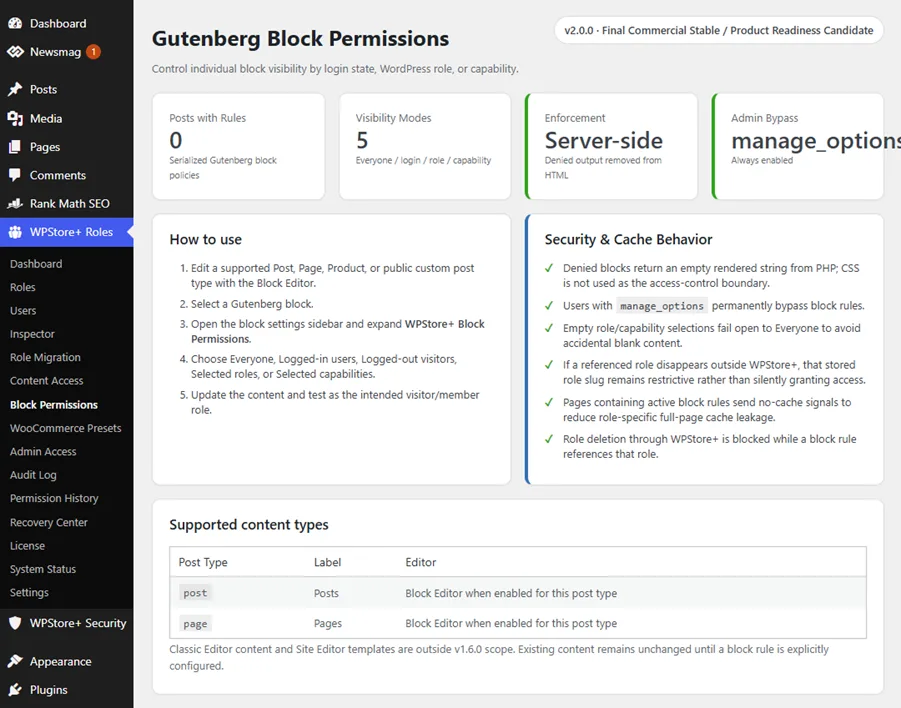 ตัวแก้ไข Gutenberg แสดงการตั้งค่าสิทธิ์ของ WPStore+ Block สำหรับผู้ใช้ที่เข้าสู่ระบบ โดยอิงตามบทบาท (Roles) และความสามารถ (Capabilities) ที่เลือกไว้