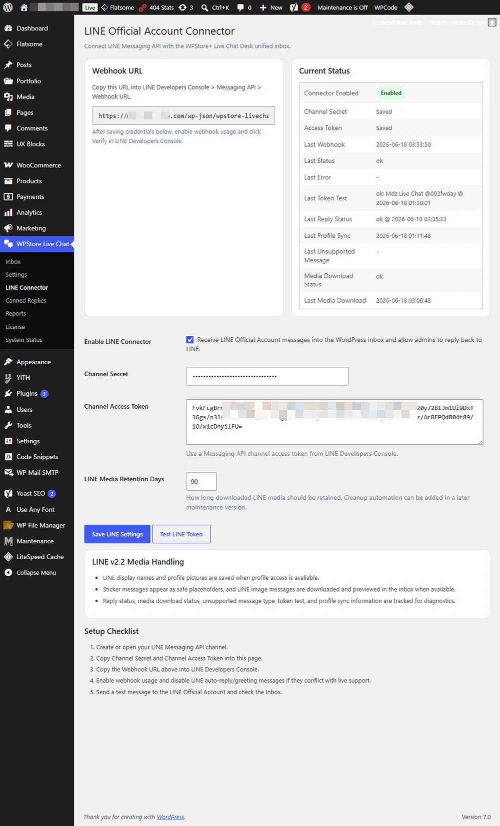 การตั้งค่าตัวเชื่อมต่อ LINE Official Account ของ WPStore+ Live Chat Desk ในหน้าผู้ดูแลระบบ WordPress