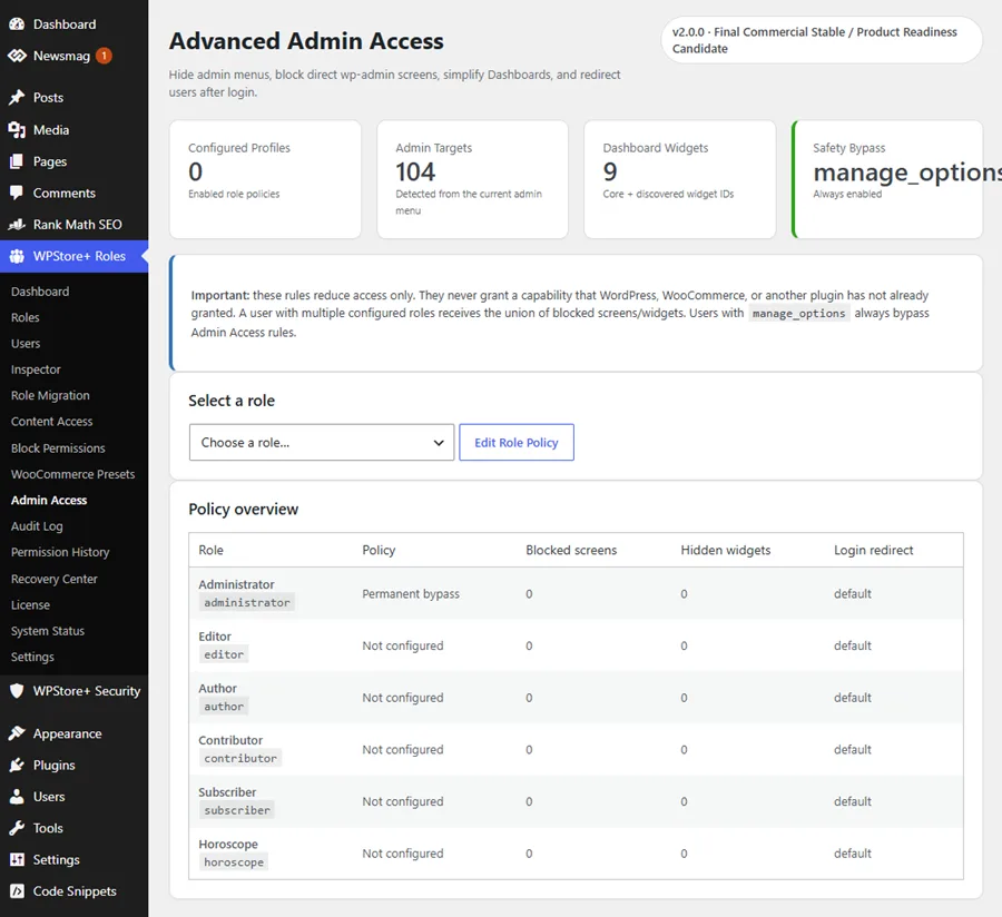 หน้าจอ Advanced Admin Access สำหรับกำหนดค่าข้อจำกัดเมนูผู้ดูแลระบบ WordPress วิดเจ็ตบนแดชบอร์ด และการเปลี่ยนเส้นทางหลังเข้าสู่ระบบตามบทบาทผู้ใช้งาน