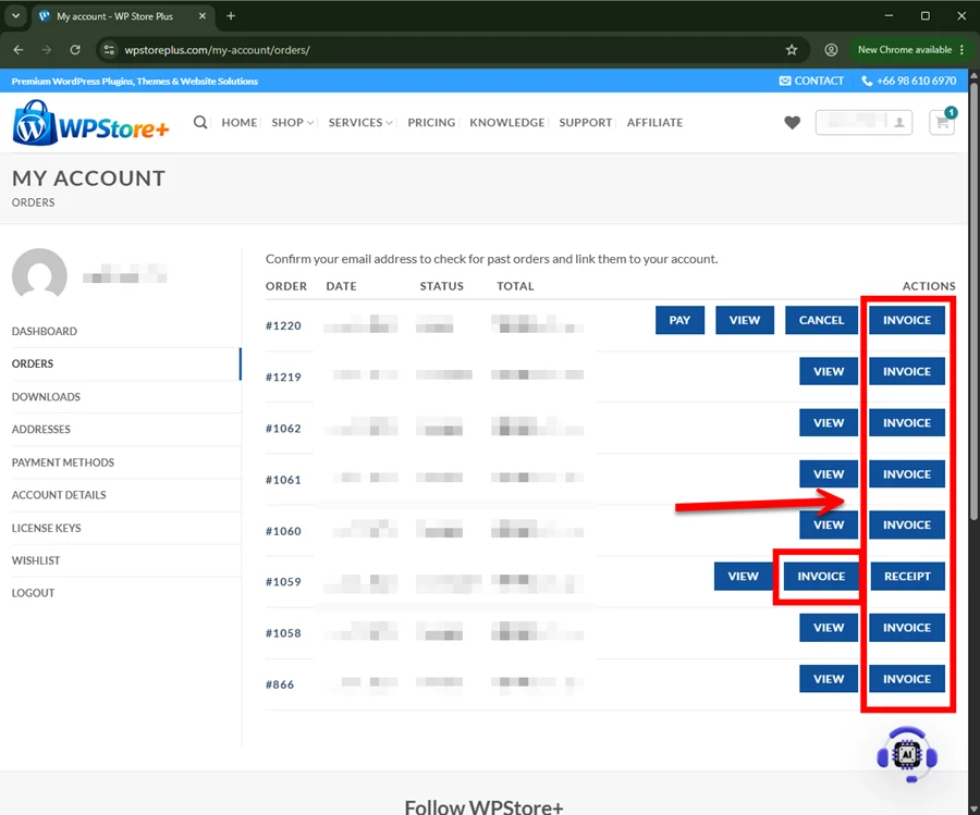 การดำเนินการคำสั่งซื้อในบัญชีของฉันของ WooCommerce เพื่อการเข้าถึงใบแจ้งหนี้ ใบเสร็จรับเงิน และใบกำกับภาษีอย่างปลอดภัย