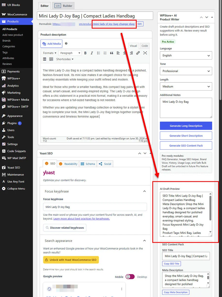 คำแนะนำ Slug สินค้า WooCommerce ที่สร้างโดย AI