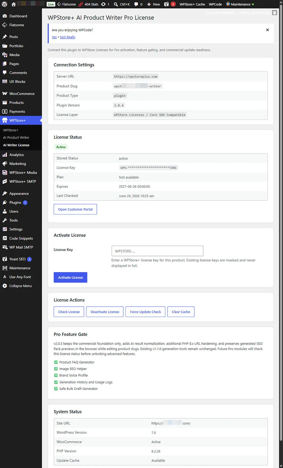 แผงแสดงสถานะระบบสำหรับ WPStore+ AI Product Writer
