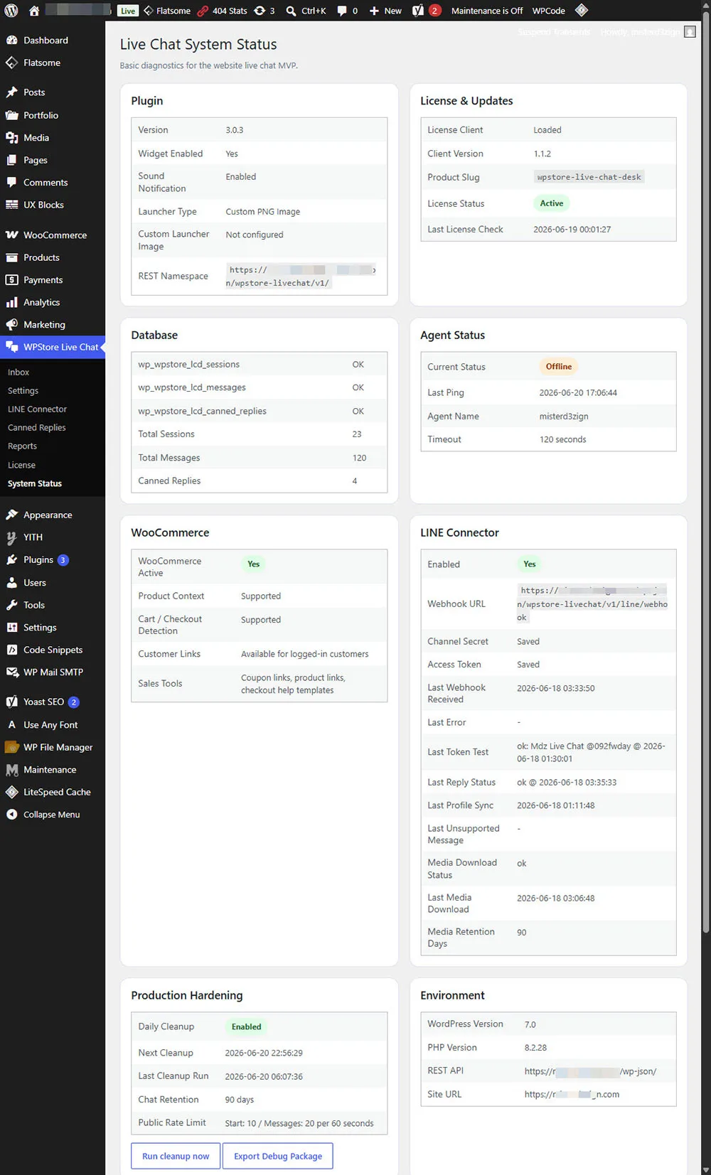 แดชบอร์ดสถานะระบบ WPStore+ Live Chat Desk พร้อมข้อมูลการวินิจฉัยและรายละเอียดสภาพแวดล้อม