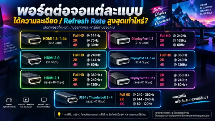 display-port-hdmi-resolution-refresh-rate-01 ภาพ พอร์ตต่อจอคอมพิวเตอร์ แบบ HDMI, DisplayPort และ USB-C แสดงข้อมูล Bandwidth ความละเอียดสูงสุด และ Refresh Rate ของแต่ละเวอร์ชัน ตั้งแต่ HDMI 1.4 ถึง 2.1 และ DP 1.2 ถึง 2.1 ในรูปแบบตารางข้อมูล