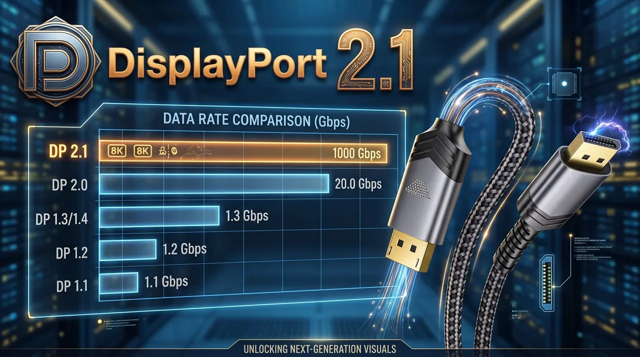 ตารางแสดงสเปกเชิงลึกและฟีเจอร์ของพอร์ตต่อจอคอมพิวเตอร์ มาตรฐาน HDMI 1.4, 2.0 และ 2.1 เปรียบเทียบข้อมูล Bandwidth ความละเอียดภาพ ความลึกของสี ช่องสัญญาณเสียง และรองรับ Dynamic HDR/VRR