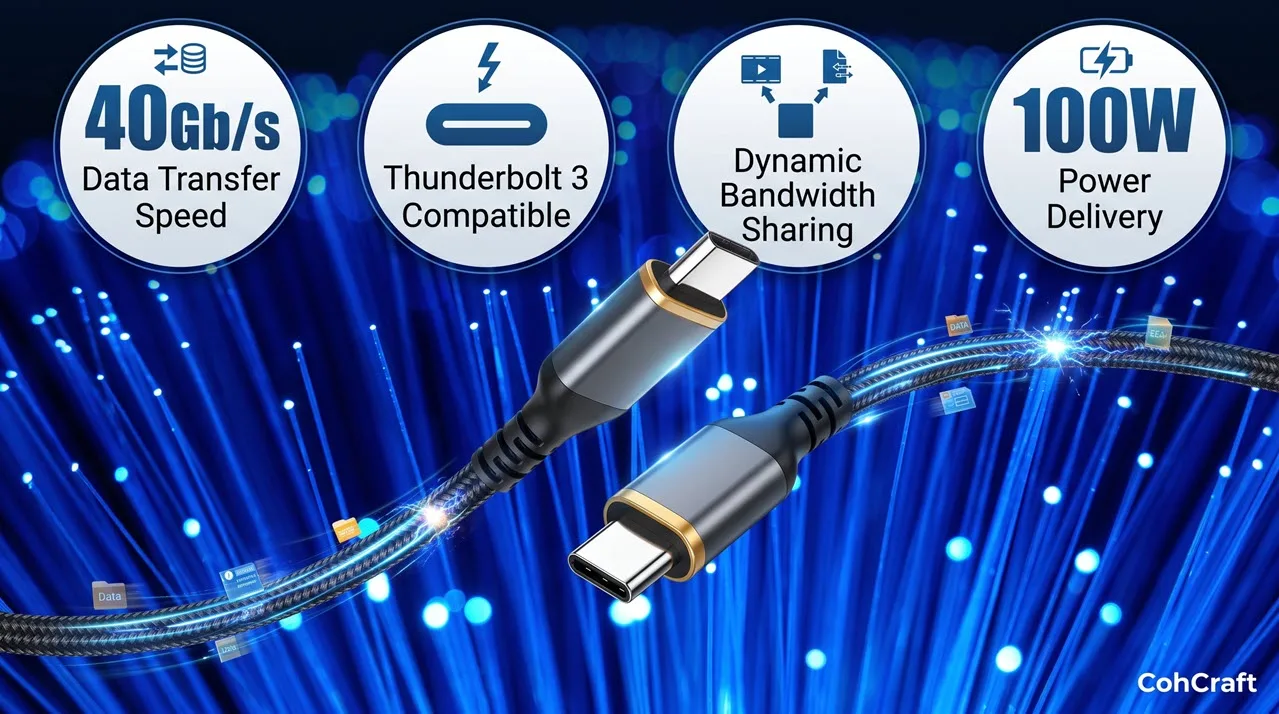 แสดงฟีเจอร์หลักของสาย USB-C ซึ่งเป็นพอร์ตต่อจอคอมพิวเตอร์ที่ทันสมัย ระบุความสามารถในการรับส่งข้อมูล 40Gb/s ใช้งานร่วมกับ Thunderbolt 3 ได้ การจัดสรร Bandwidth แบบ Dynamic และรองรับ Power Delivery 100W