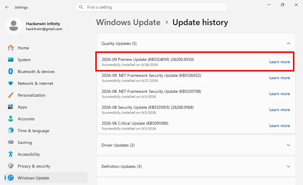 ขั้นตอนการตรวจสอบแพทช์อัพเดต KB5124010 จาก Windows Update