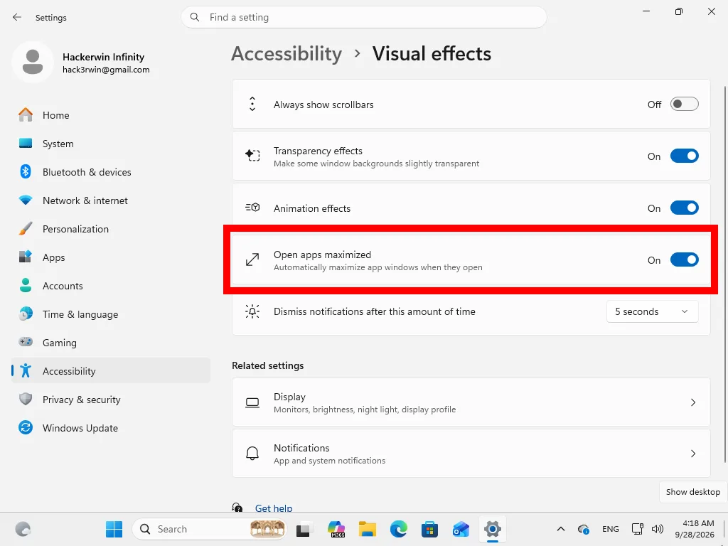 หน้าจอตรวจสอบว่ามีตัวเลือก Open apps maximized ปรากฏขึ้นหรือไม่