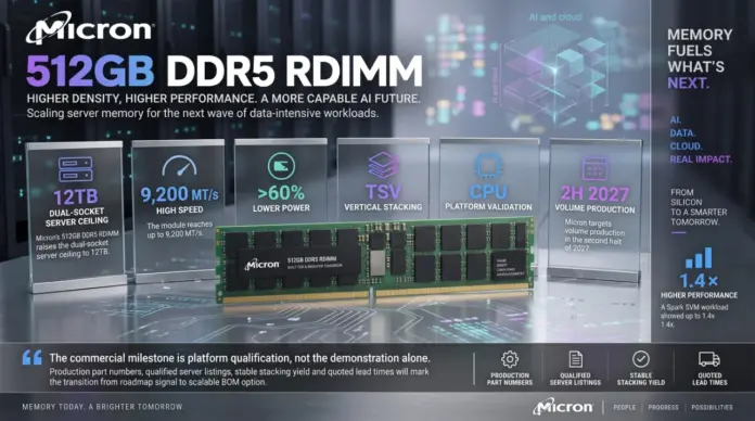 micron-ddr5-512gb-server-memory-01 แรม DDR5 512GB รุ่น RDIMM จาก Micron แสดงคุณสมบัติเด่น ได้แก่ ความหนาแน่นและความเร็วที่สูงขึ้นเพื่อรองรับงาน AI และ Data-intensive โดยมีเป้าหมายการผลิตจำนวนมากในช่วงครึ่งหลังของปี 2027