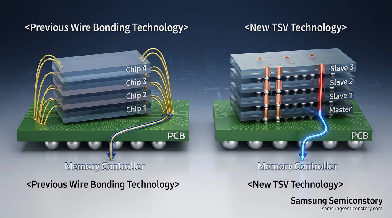 เปรียบเทียบสถาปัตยกรรมหน่วยความจำแบบ 3D Stack ระหว่างเทคโนโลยี Wire Bonding แบบดั้งเดิม (ซ้าย) กับเทคโนโลยี TSV ใหม่ (ขวา) บนแผง PCB ซึ่งเทคโนโลยี TSV คือกุญแจสำคัญที่ทำให้สามารถผลิต แรม DDR5 512GB ต่อแถวได้สำเร็จ โดยเพิ่มความหนาแน่นและประสิทธิภาพการส่งข้อมูล