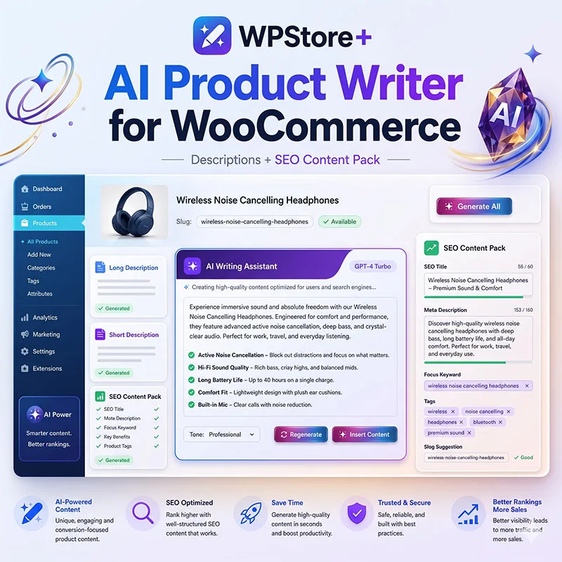 ปลั๊กอิน AI เขียนรายละเอียดสินค้า WooCommerce ช่วยสร้างและปรับปรุงเนื้อหาสินค้าภายใน WordPress เหมาะสำหรับเจ้าของร้านออนไลน์ ผู้ดูแลเว็บไซต์ และผู้ทำ SEO