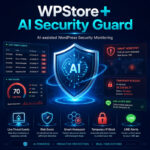 WPStore+ AI Security Guard แสดงระบบตรวจสอบความปลอดภัย WordPress ด้วย AI, คะแนนความเสี่ยง, การป้องกันแบบ Honeypot, การบล็อก IP และการแจ้งเตือนผ่าน LINE