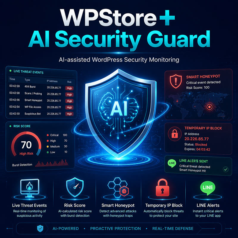 WPStore+ AI Security Guard แสดงระบบตรวจสอบความปลอดภัย WordPress ด้วย AI, คะแนนความเสี่ยง, การป้องกันแบบ Honeypot, การบล็อก IP และการแจ้งเตือนผ่าน LINE