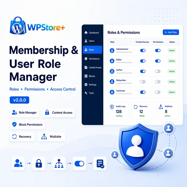 แดชบอร์ด WPStore+ Membership & User Role Manager สำหรับ WordPress ที่มาพร้อมฟีเจอร์การจัดการบทบาท (Role), สิทธิ์การใช้งาน (Permissions), การควบคุมการเข้าถึงเนื้อหา, การกู้คืนข้อมูล และการรองรับระบบ Multisite