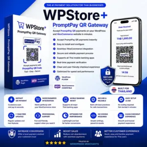 ภาพโปรโมตปลั๊กอิน WPStore+ PromptPay QR Gateway สำหรับ WordPress และ WooCommerce แสดงกล่องซอฟต์แวร์ หน้าจอสมาร์ตโฟนแสดงหน้าชำระเงิน QR พร้อมเพย์ และฟีเจอร์เด่นสำหรับการชำระเงินออนไลน์ในไทย