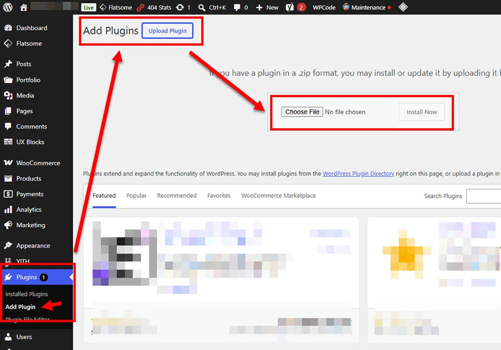 หน้า "เพิ่มปลั๊กอิน" ของ WordPress โดยมีการเน้นส่วนตัวเลือก "อัปโหลดปลั๊กอิน" (Upload Plugin) และ "เลือกไฟล์" (Choose File)
