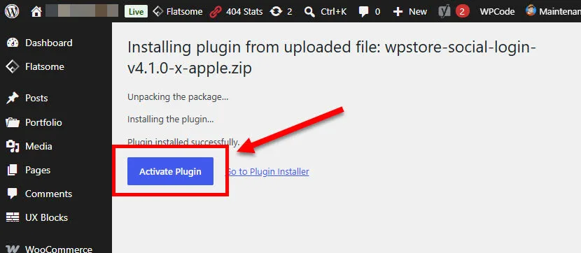หน้าจอแสดงผลเมื่อติดตั้งปลั๊กอิน WordPress สำเร็จ โดยมีการเน้นปุ่ม "Activate Plugin" (เปิดใช้งานปลั๊กอิน) ไว้