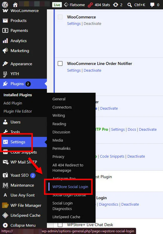 เมนูผู้ดูแลระบบ WordPress ที่แสดงตำแหน่งการตั้งค่า Social Login ของ WPStore
