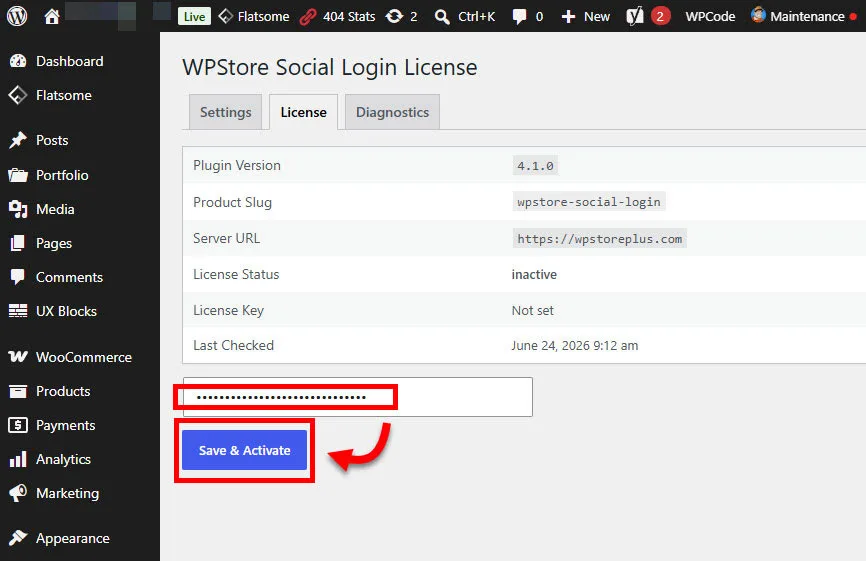 หน้าจอใบอนุญาตของ WPStore Social Login ที่แสดงแบบฟอร์มสำหรับเปิดใช้งานรหัสใบอนุญาต