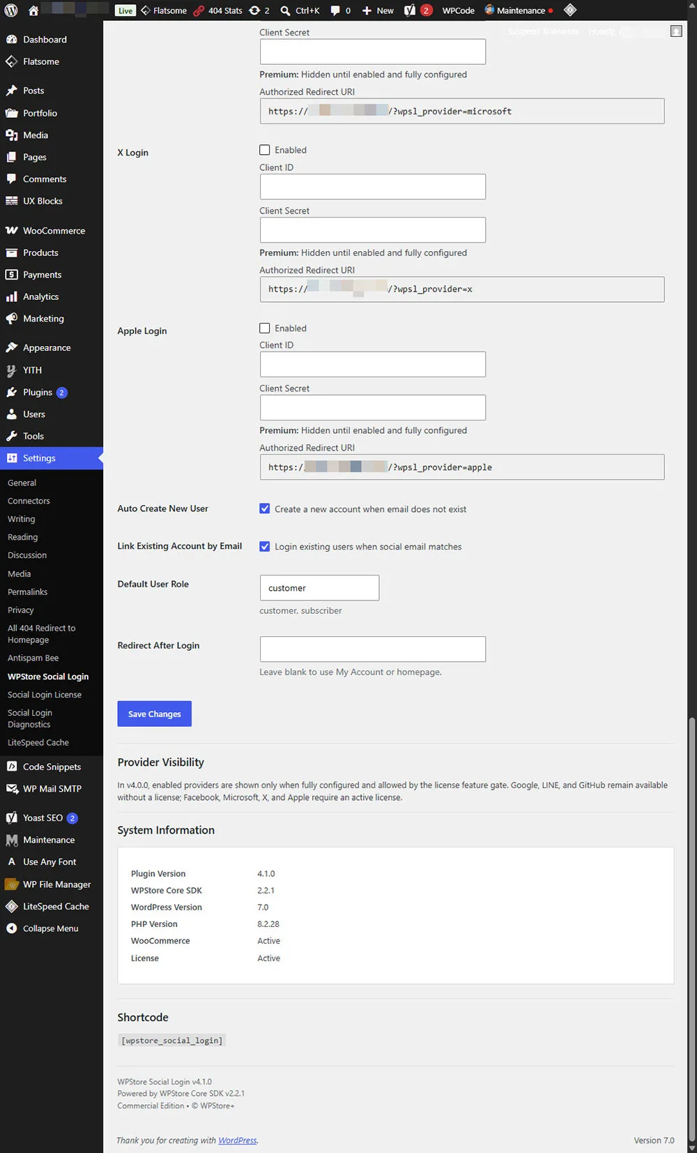 การตั้งค่า WPStore Social Login ที่แสดงตัวเลือก X, Apple, การสร้างบัญชี, การแสดงผลของผู้ให้บริการ, ข้อมูลระบบ และ Shortcode