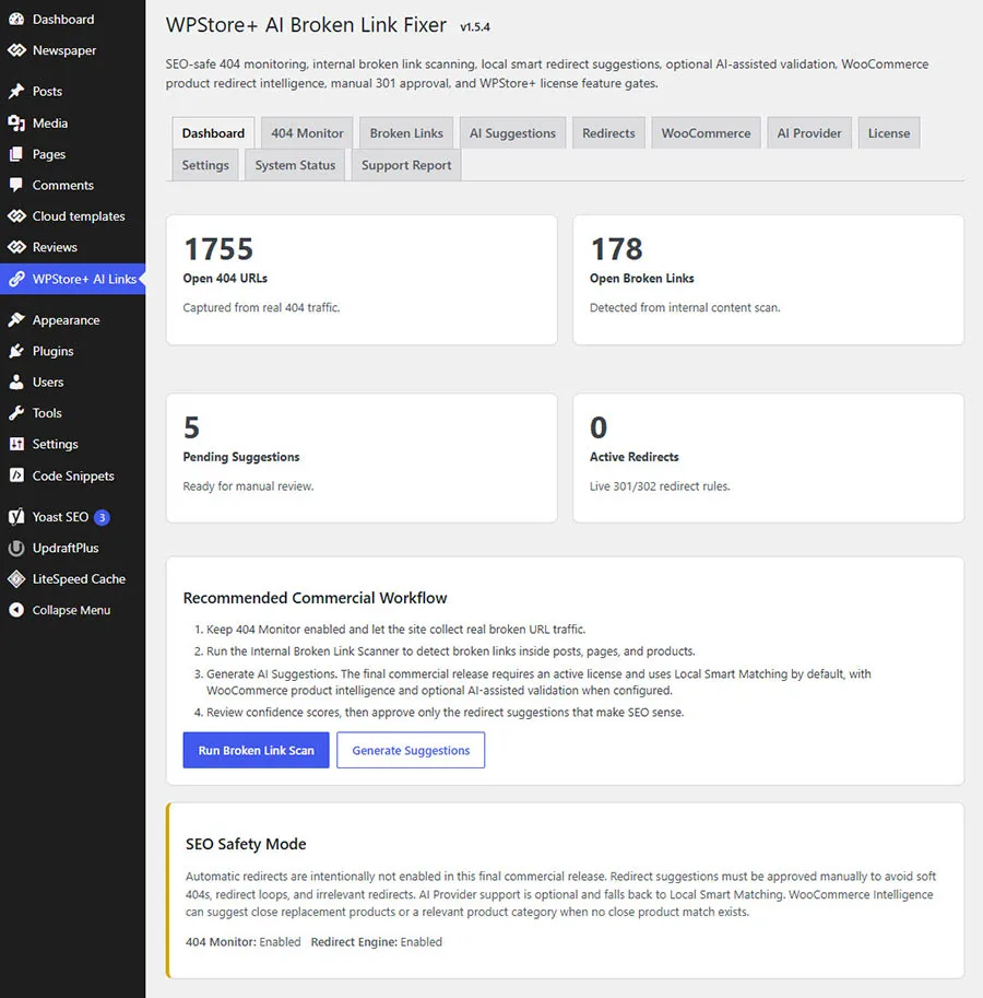 ภาพรวมแดชบอร์ด WPStore+ AI Broken Link Fixer