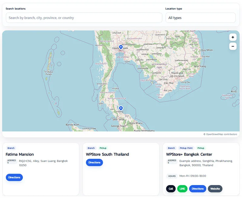 แผนที่ค้นหาสาขาสำหรับส่วนหน้าเว็บไซต์ (Frontend) พร้อมฟังก์ชันการค้นหา การกรองข้อมูล การแสดงการ์ดข้อมูลสถานที่ และการแสดงผลผ่าน OpenStreetMap