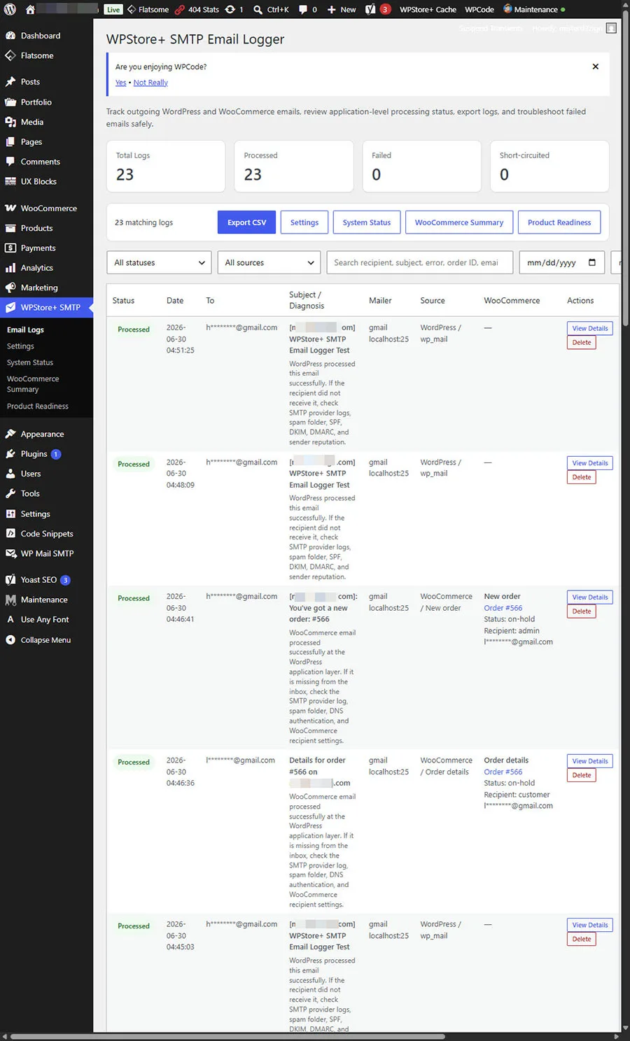 WPStore+ SMTP Email Logger แสดงบันทึกการส่งอีเมลจาก WordPress และ WooCommerce พร้อมข้อมูลสถานะ ผู้รับ หัวข้ออีเมล แหล่งที่มา และรายละเอียดเกี่ยวกับ WooCommerce