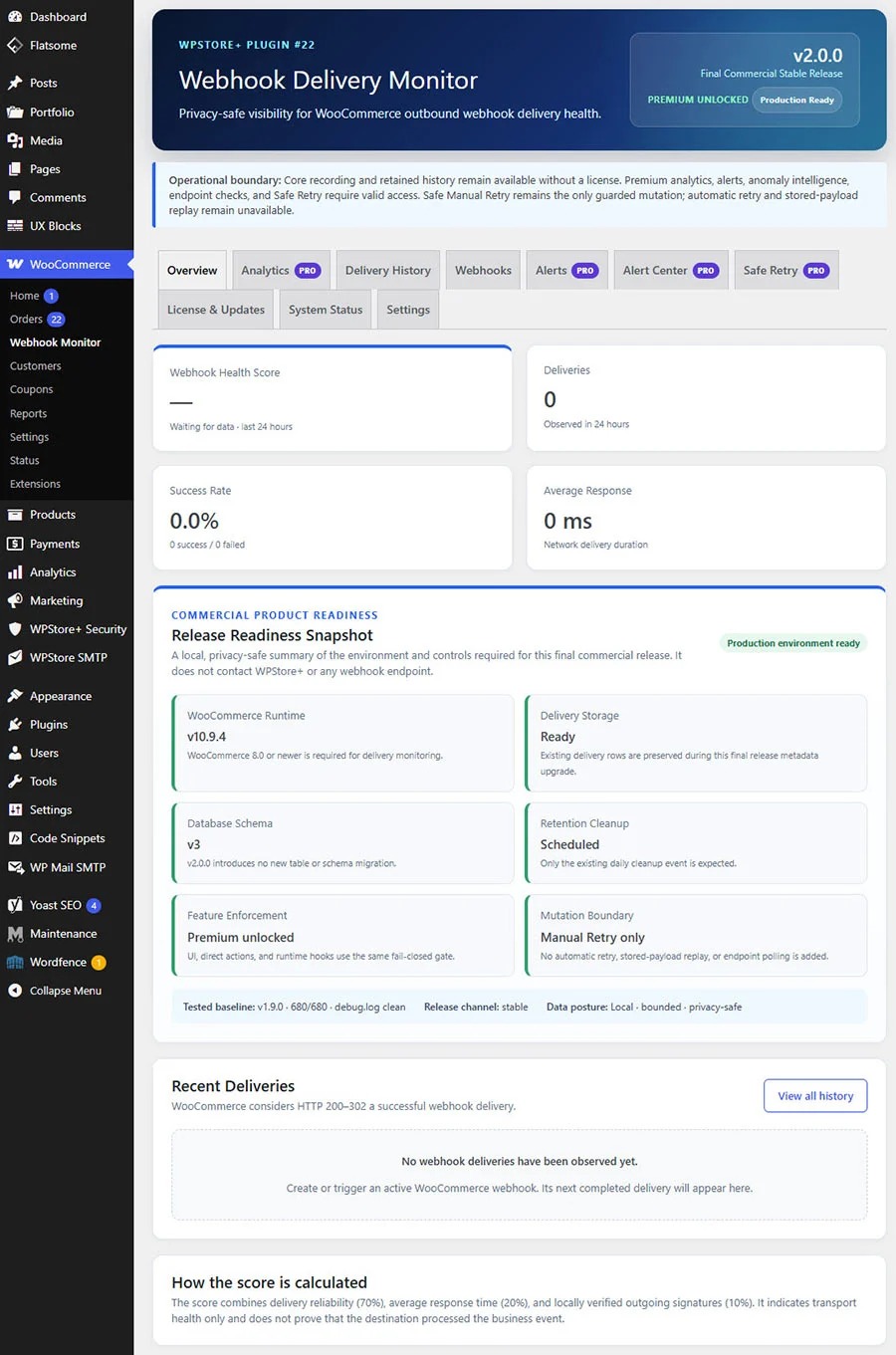 หน้า Overview ของ WPStore+ Webhook Delivery Monitor แสดง Webhook Health Score สถิติการส่งข้อมูล และสถานะความพร้อมของระบบ WooCommerce