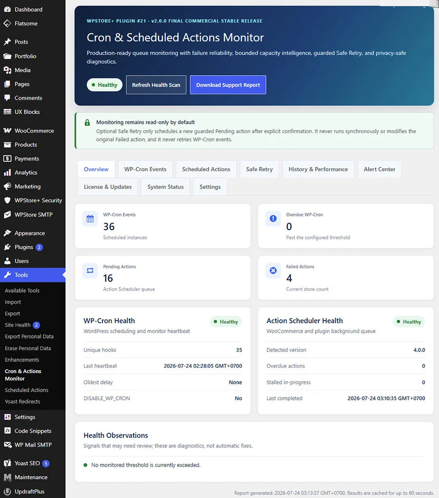 แดชบอร์ด WPStore+ Cron Monitor แสดงสถานะ WP-Cron และ Scheduled Actions ของ WooCommerce