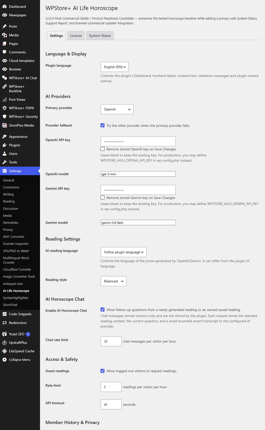 หน้าตั้งค่าปลั๊กอินดูดวง AI บน WordPress พร้อมตัวเลือก OpenAI Gemini ภาษาไทยและอังกฤษ และระบบจำกัดคำขอใช้งาน